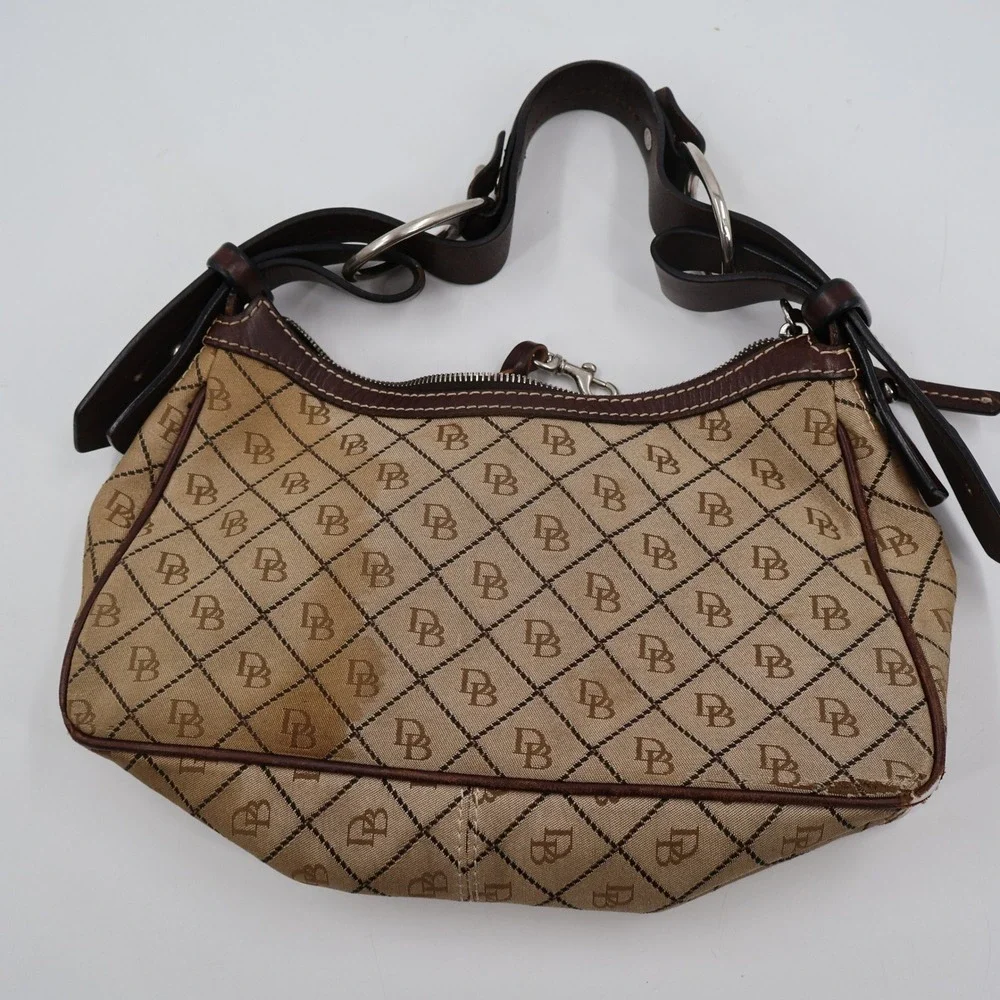 Dooney & Bourke Monogram Hobo Bag Womens Small Tan Brown Canvas Leather Vintage